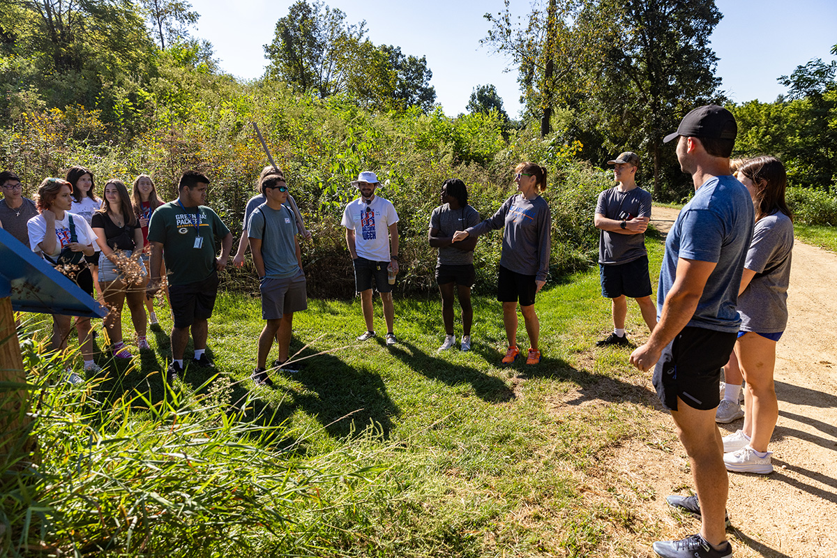 Chancellor and students on wellness walk