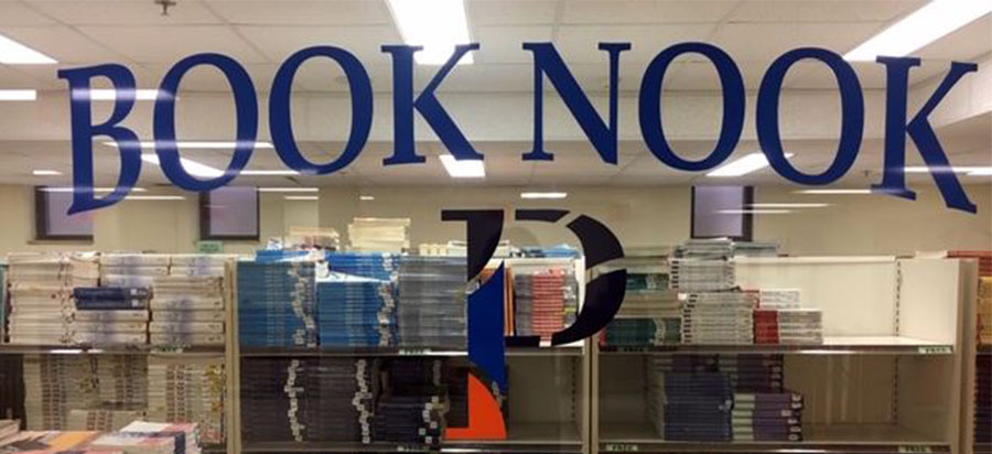 window with Booknook decal that looks into space