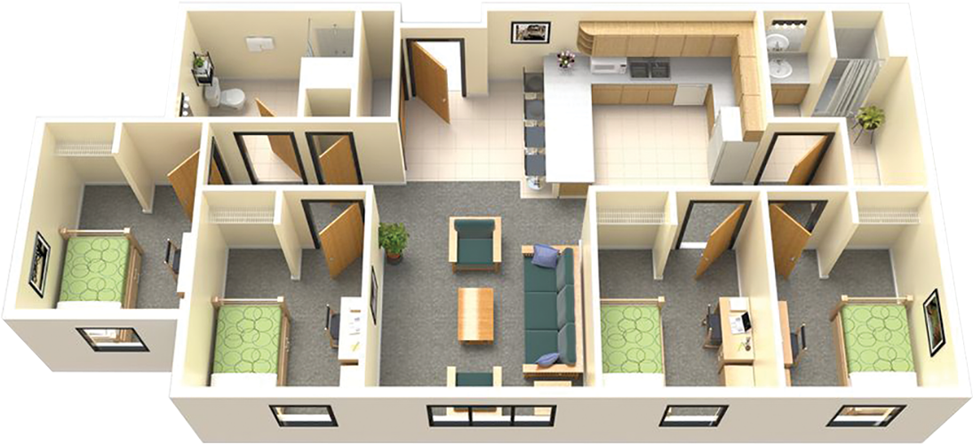 Southwest Hall 3D rendering of suite layout