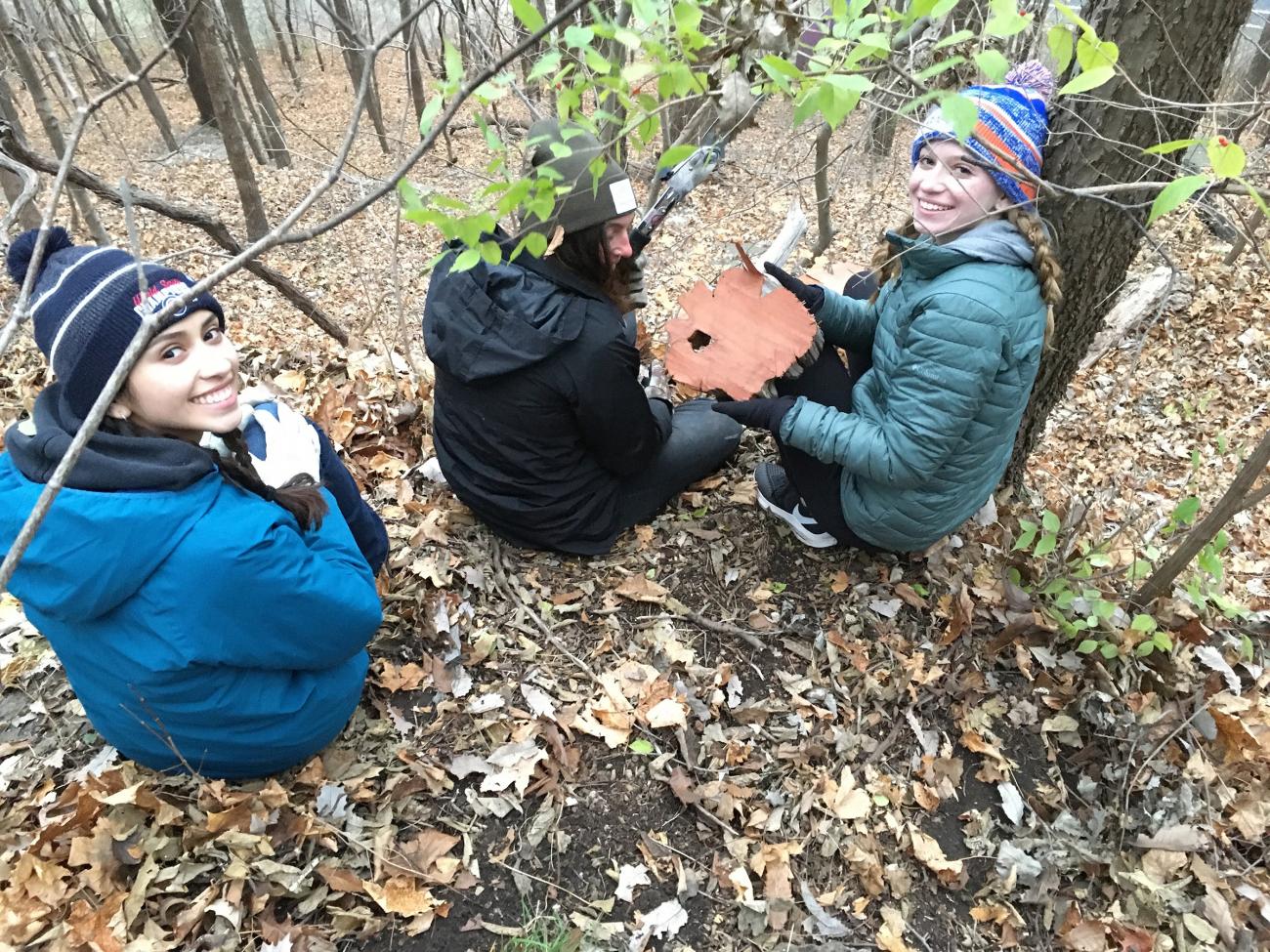 Student collecting tree core sample
