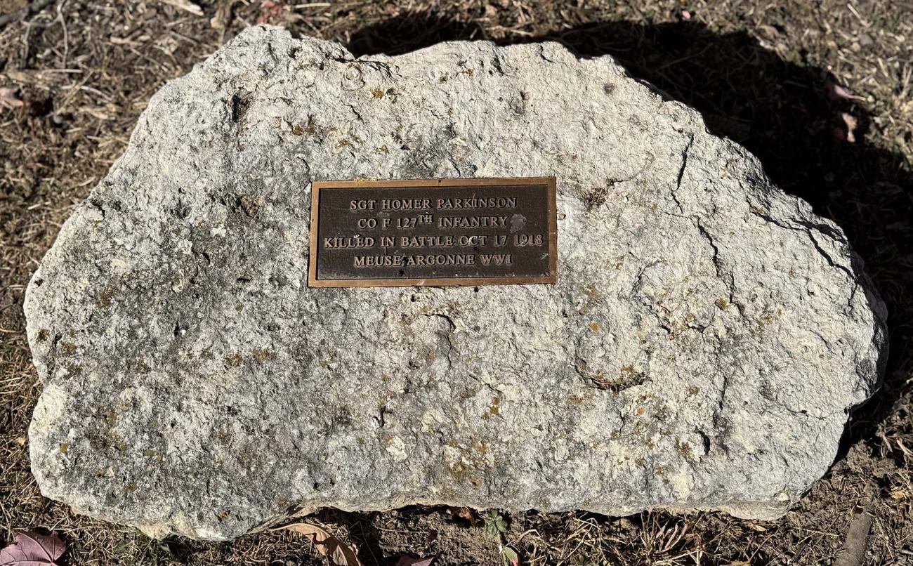 Rock with mounted plaque with CPL Homer Grossman, 76th CO Sixth Reg, Killed in Battle June 11 1918, Chateau Thierry WW1