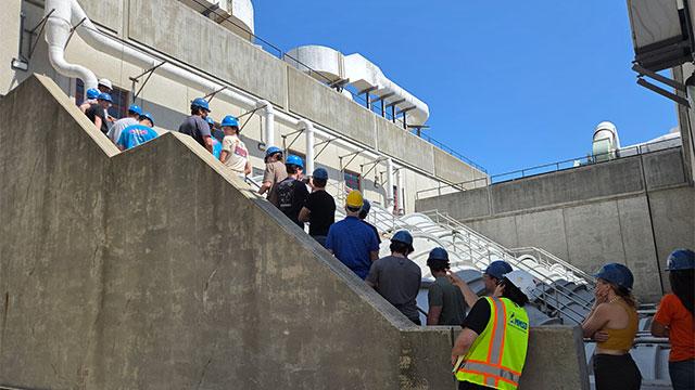 Group of individuals standing on a large cement staircase