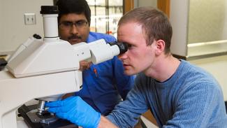 student looking in a microscope