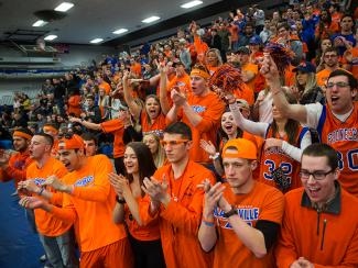 Students cheering during game in BoRyan Court, Williams Fieldhouse