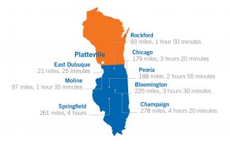 Map of distances between UW-Platteville and cities in Illinois