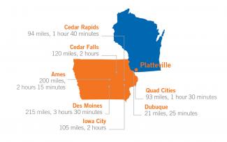 Map of distances between UW-Platteville and cities in Iowa