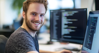 smiling man sitting on computer coding