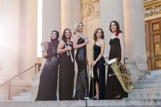 Layan Atieh, Morgen Low, Mary Elizabeth Bowden, Lauren Casey-Clyde, and Robyn Black members of Seraph Brass 