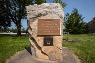 Memorial plaques for ROTC and Major Splinter mounted to stone