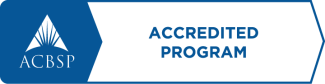 A blue and white badge displaying the ACBSP logo on the left—a stylized torch within a triangular emblem—followed by bold text reading “ACCREDITED PROGRAM"