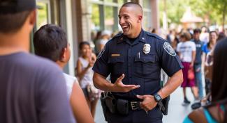  young police officer smiling and talking with people on a busy sidewalk.