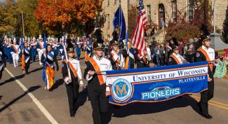 UW-Platteville Marching Pioneers performing in Homecoming parade