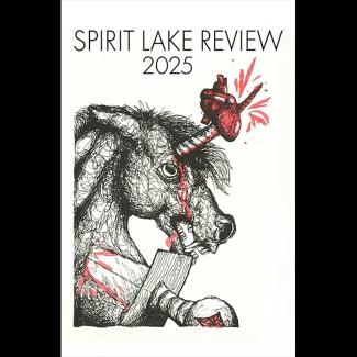 Illustration of stylized unicorn in black and white with a sword piercing its chest. The unicorn’s spiral horn pierces a red heart.