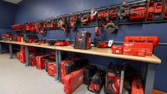 Shelves with professional grade tools and safety equipment donated from Milwaukee Tool to the UW-Platteville construction management program