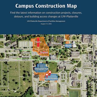 Map of a college campus with colored blocks indicating construction projects