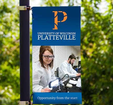 UW-Platteville outdoor signpost vertical banner